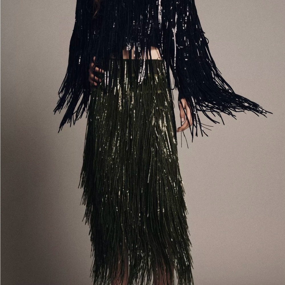 Zara Black and Green Fringe Midi Skirt